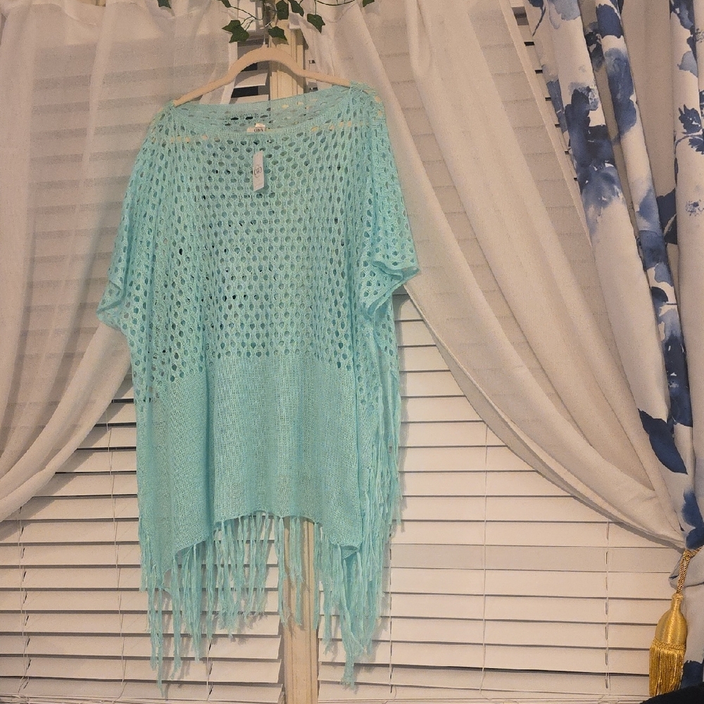 NWOT CATO OS Turqoise Blue Knit Poncho with Fringes BATHING SUIT COVER